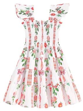 Hill House Girls White Floral Smocked Dress - Pink & Green
